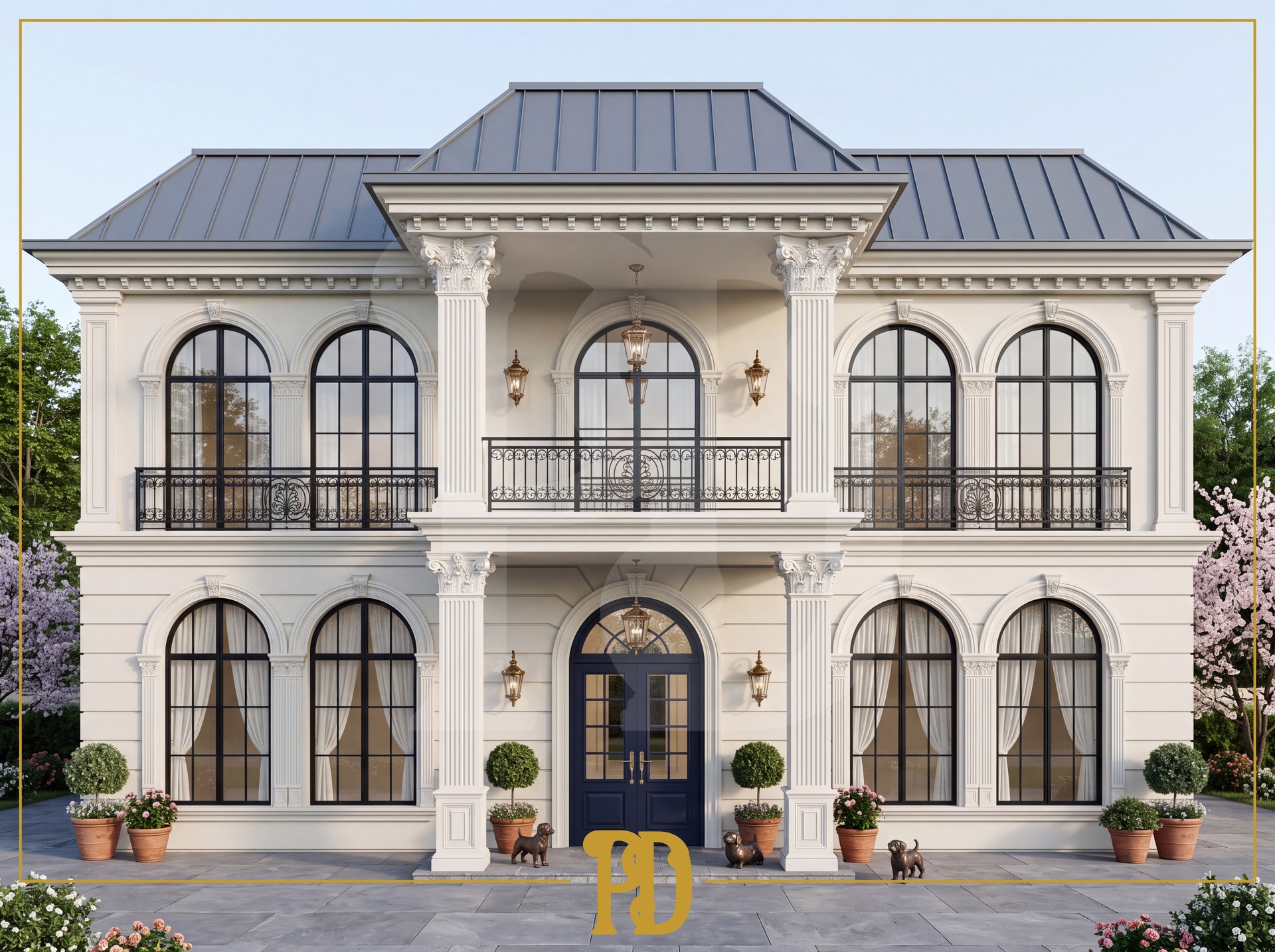 Dış cephesi beyaz söveler, dairesel kavisli pencere çevreleri, taçlar ve yivli pilaster sütunlarla süslenmiş klasik mimari tarzı villa.