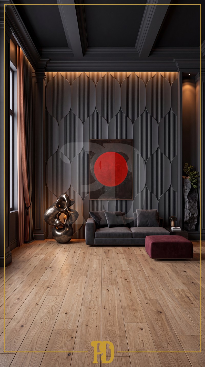 Koyu Gri Duvar Panelleri ve LED Aydınlatmalı Salon Dekorasyonu