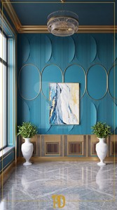 Okyanus Mavisi Paneller ve Altın Dekoratif Çıtalarla Modern Salonlar