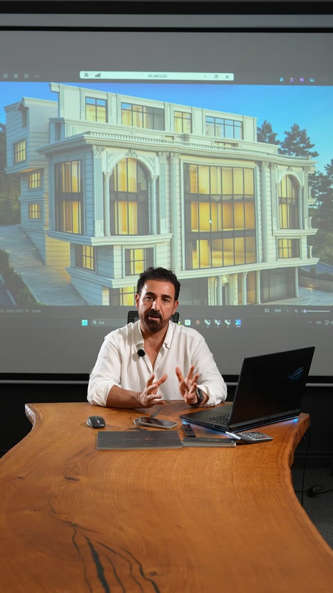 Dijital modelde klasik çizgili tamamlanmış dış cephe tasarımı görülüyor