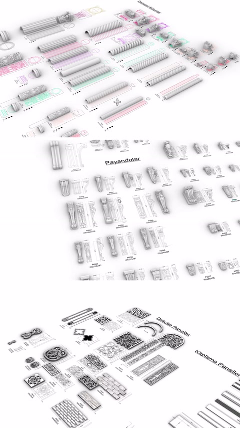 Kartonpiyer, çıta ve sütun seçenekleri katalog üzerinde birlikte gösteriliyor.