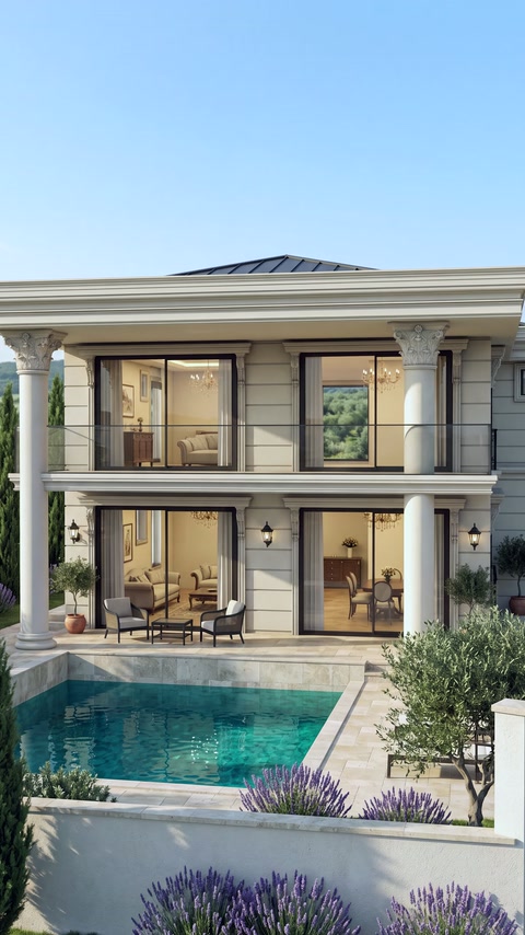 Havuzlu villa cephesinde sütunlar, kat silmeleri ve pencere söveleri görülüyor