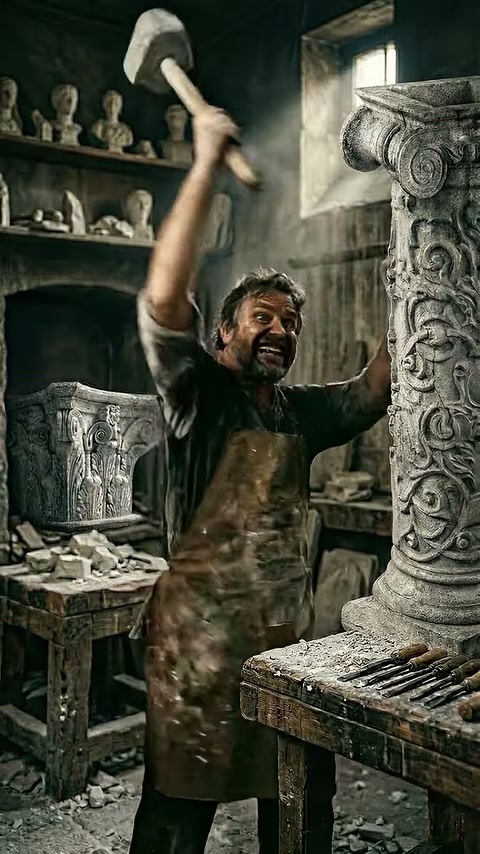 Atölye ustası çekiciyle dekoratif taş parçaya vurmaya hazırlanıyor