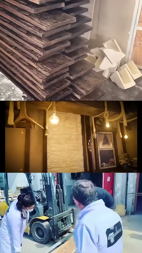 Atölyede üst üste dizilmiş kahverengi dekoratif paneller görülüyor