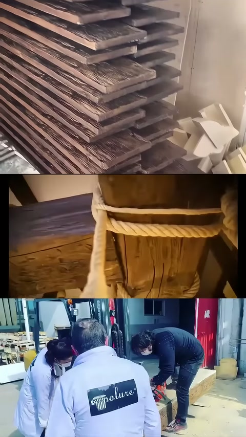 İstiflenen dokulu kalaslar ve tavandaki halatlı kiriş uygulaması gösteriliyor