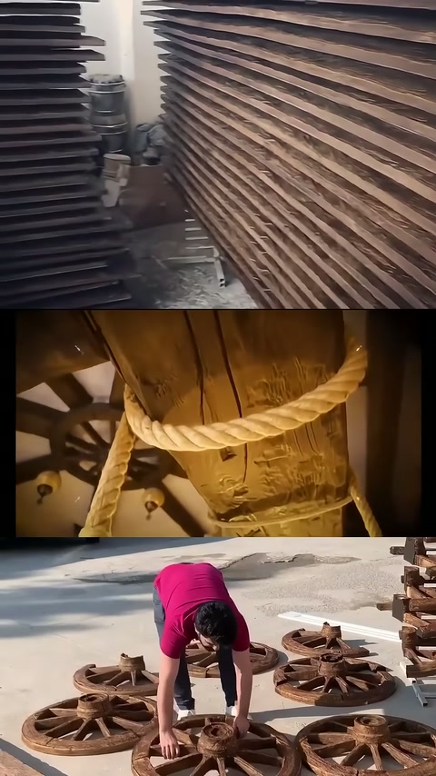 Çok sayıda ince dekoratif kalas atölyede üst üste sıralanıyor