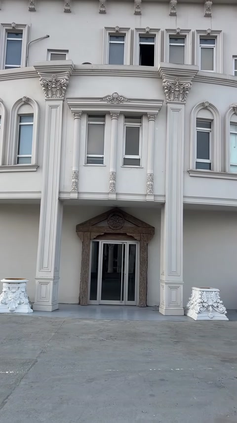 Villa girişinde büyük sütunlar ve cephe süslemelerinin bütün görünümü