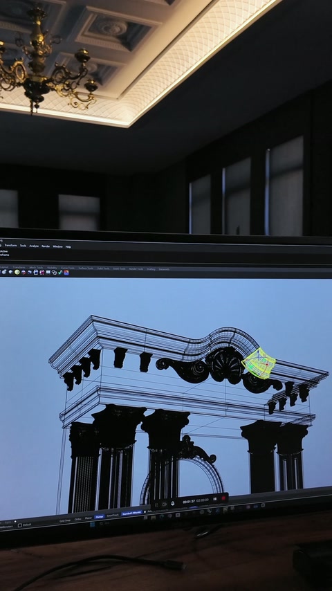 Sütunlu giriş tasarımı koyu yüzey görünümüyle ekranda değerlendiriliyor