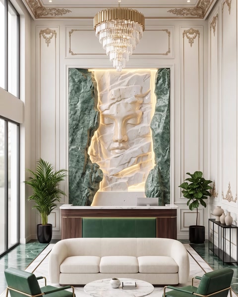 Işıklandırılmış yüz rölyefi salon duvarına monte edilmiş halde