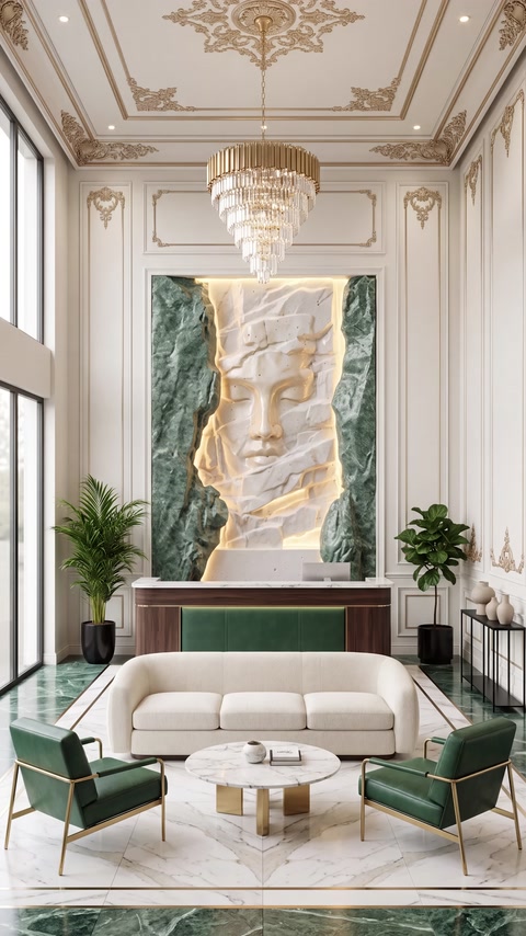 Işıklandırılmış rölyef pano klasik salon duvarında dekoratif odak oluşturuyor