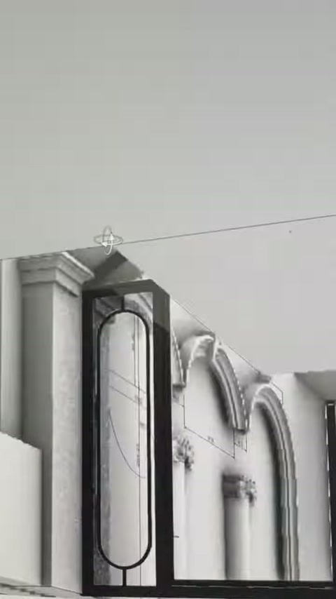 Üç boyutlu modelde kemerli açıklık ve sütun detayları görülüyor.