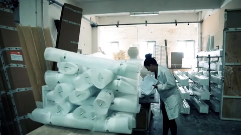 Atölye girişinde farklı dekoratif parçaların sergilendiği geniş taşıma rafı