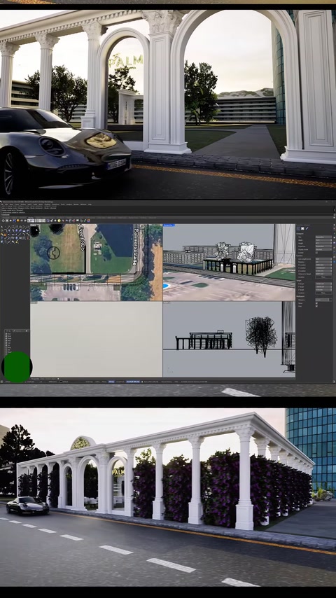 Mimari cephenin farklı açılardan incelendiği çoklu 3D çalışma ekranı