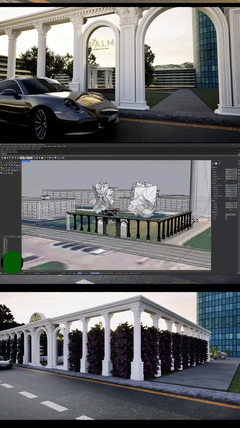 Kemerli düğün salonu cephesi, sütunlu 3D modelleme aşamasında gösteriliyor.