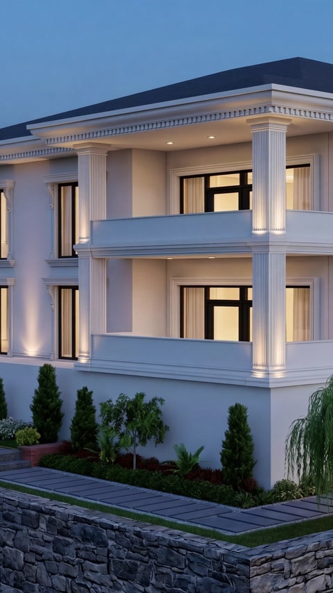 Katları birleştiren sütunlar ve yatay silmelerle tasarlanmış villa cephesi