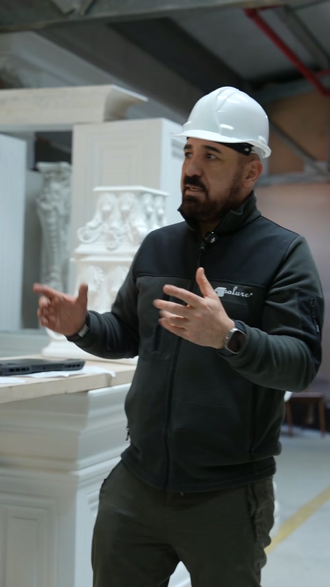 Baretli usta ellerini açarak atölyedeki ürünler hakkında konuşuyor