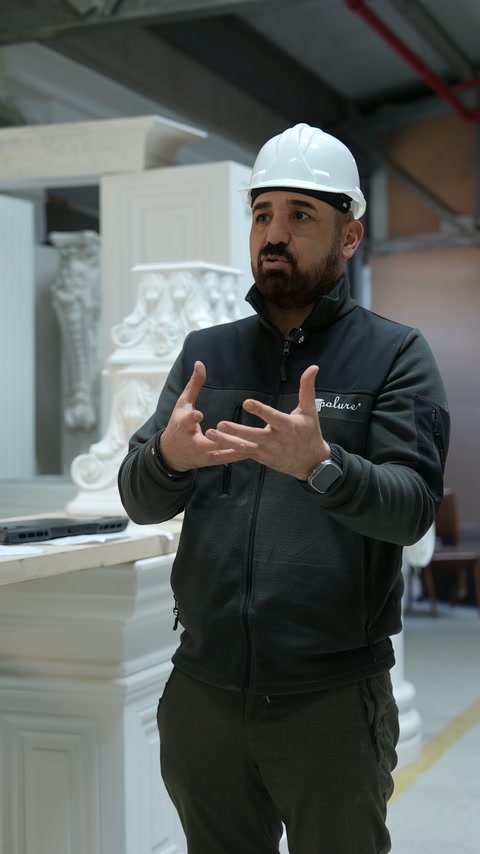 Usta işlemeli sütun başlıkları önünde avuçlarını yukarı çeviriyor