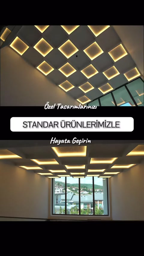Çapraz açıdan görülen geometrik tavan armatürleri sıcak ışık yayıyor