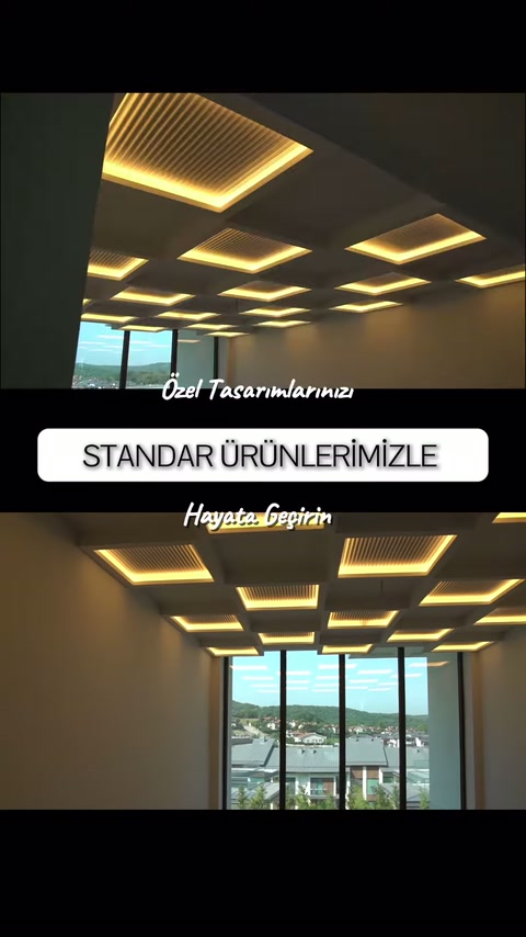 Dekoratif dikdörtgen aydınlatmalar tavanda perspektifli bir görünüm sunuyor