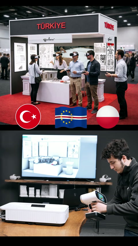 Monitördeki iç mekânı VR kumandasıyla inceleyen tasarımcı görülüyor