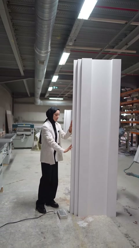 Sunucu, yan yana yerleştirilen kat silmelerinin önünde açıklama yapıyor.