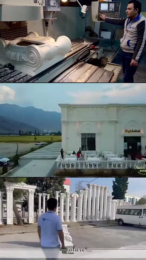 Üretim hattı, dağ manzaralı salon ve sıralı dekoratif korkuluklar.