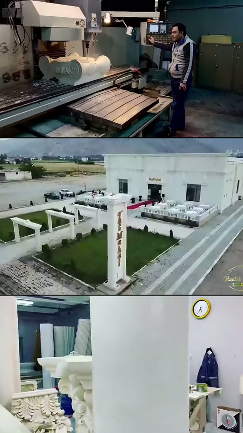 Sütun başlığı işlenirken üstten salon görünümü ve atölye rafları görülüyor.