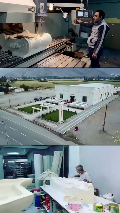 İşlenen kıvrımlı parça, tesisin havadan görünümü ve sütun atölyesi görülüyor.