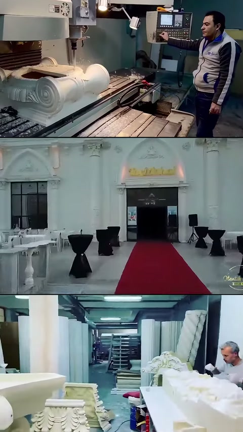 Makinedeki dekor başlığı, süslü salon girişi ve dış sütun dizisi görülüyor.