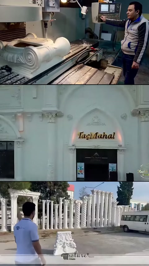 Volütlü parça üretimi, aydınlatmalı giriş ve açık alandaki sütunlar görülüyor.