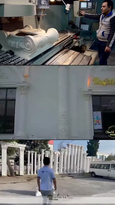 Tezgâhtaki sütun başlığı, salon kapısı ve sütunlu bahçe uygulaması sergileniyor.
