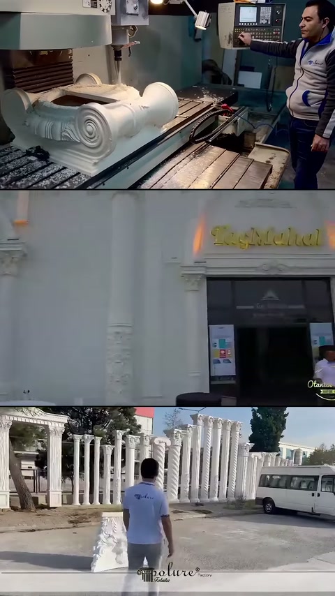 Oyma işlemi, kemerli dış cephe ve sütun sırasına yaklaşan usta gösteriliyor.