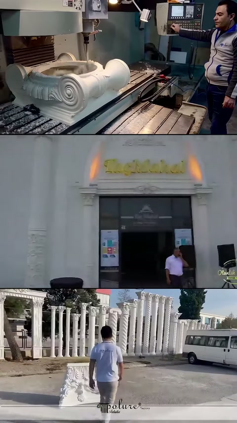 Kıvrımlı başlık üretimi, salon cephesi ve bahçe sütunları görülüyor.