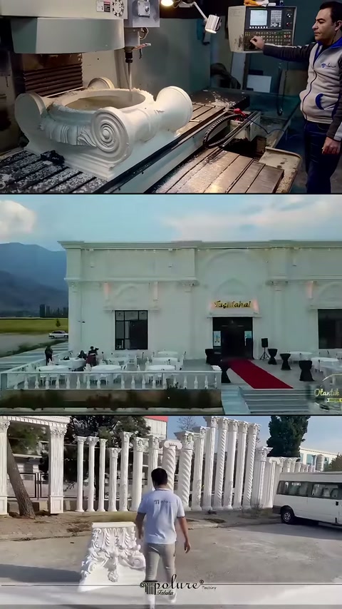 İşleme makinesi, kırmızı halılı salon ve taşınan dekor parçası gösteriliyor.