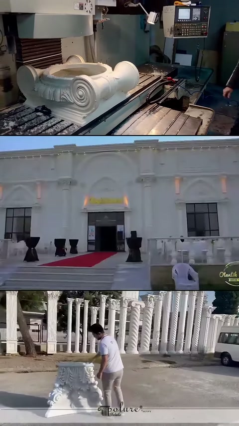 Sütun başlığı tezgâhı, giriş cephesi ve açık alandaki uygulama görülüyor.