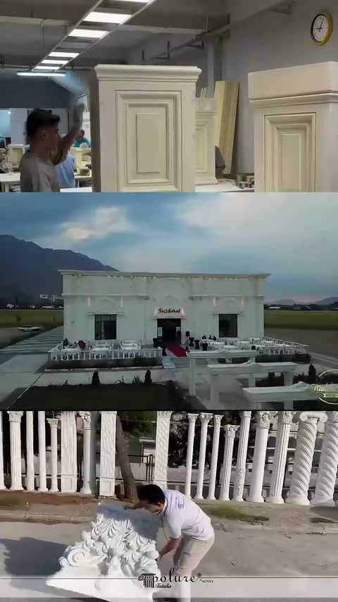 Kabartmalı panel üretimi, dağ manzaralı salon ve taşınan sütun başlığı görülüyor.