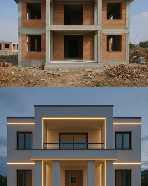Sade söveler ve doğrusal detaylar kullanılan modern villa cephesi