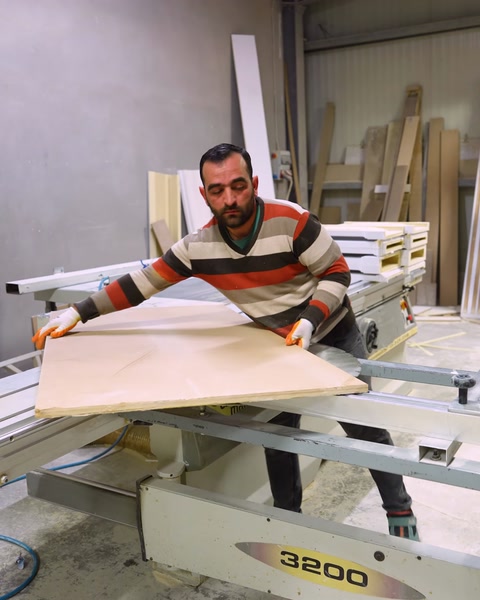 Tabla levhası panel kesim makinesinde düzgün biçimde ölçülüp kesiliyor.