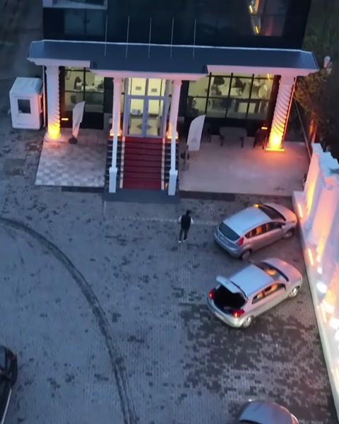 Bina girişindeki geniş merdiven ve sütunlu cephe düzenlemesi
