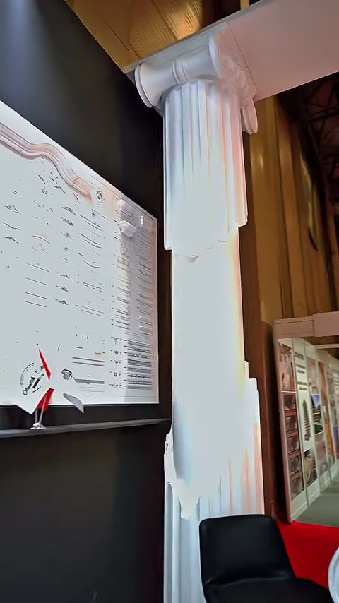Klasik yivli sütun, fuar standının köşesinde boydan sergileniyor