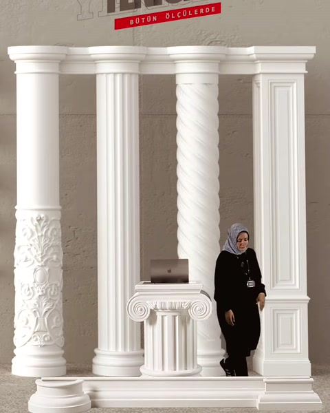 Farklı gövde işlemelerine sahip dekoratif sütun modelleri bir arada sergileniyor