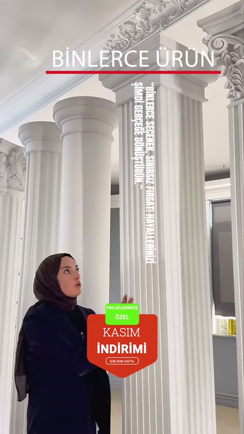 Farklı kalınlıklardaki klasik sütunlar aydınlık showroom bölümünde sıralanıyor