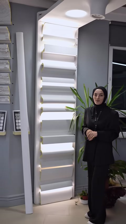 Aydınlatılmış farklı kartonpiyer modelleri dikey stantta birlikte görülüyor