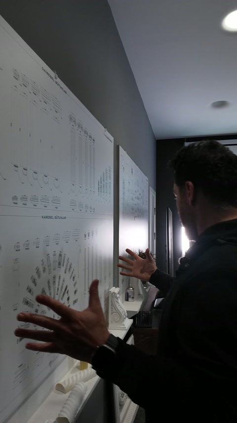 Sunucu, duvarı kaplayan dekoratif ürün çizimlerini ve modelleri açıklıyor.