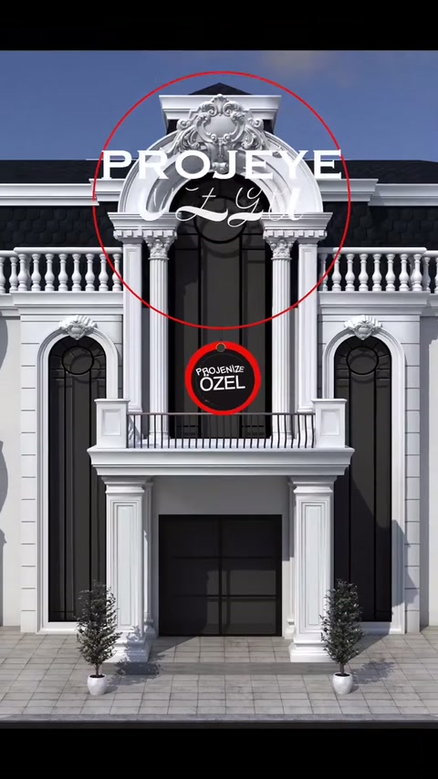 Dijital cephe modelinde kemerli üst pencere ve sütunlu giriş öne çıkıyor