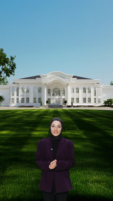 Beyaz sütunlar ve sövelerle tamamlanan geniş konut cephesi