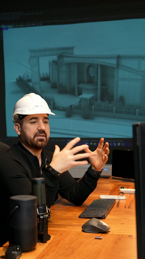 Uzman, ekrandaki cephe görselleştirmesini elleriyle açıklıyor.