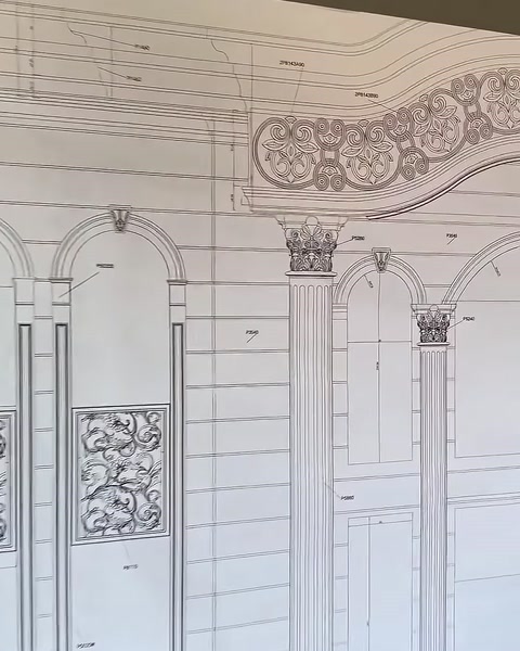 Kubbe bezemesi, kemer ve sütun başlıkları çizimde detaylandırılmış