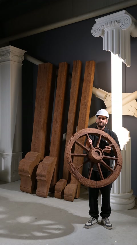 Dekoratif tekerlek modeli kiriş ve payandaların önünde sergileniyor.