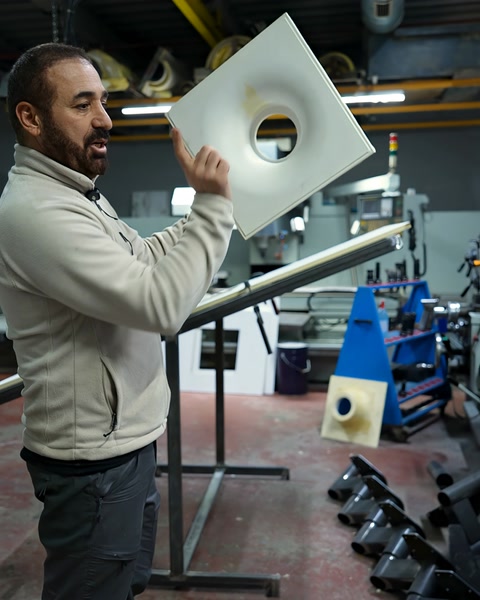 Usta, ortası delikli kare poliüretan armatür panelini sergiliyor.